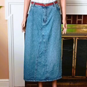 Venezia Vintage Denim Midi Skirt 14 Women's Paneled Slit Back Southwest Trim